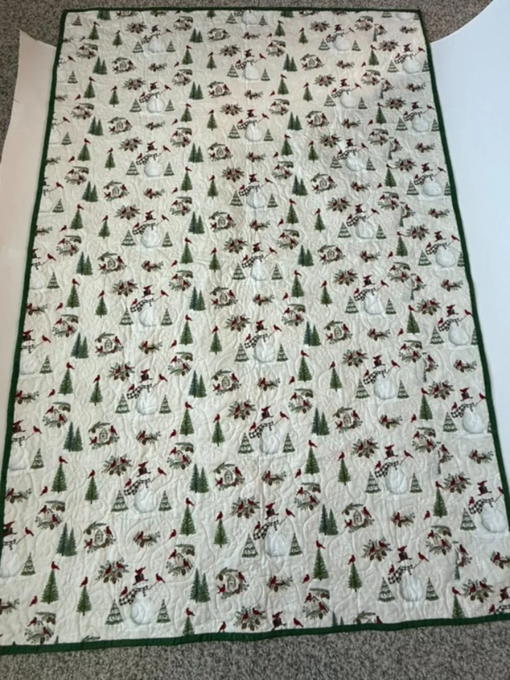 Handmade Quilt 63x43 Christmas Red Cardinal Snowman Friends Snowflake Birdhouse